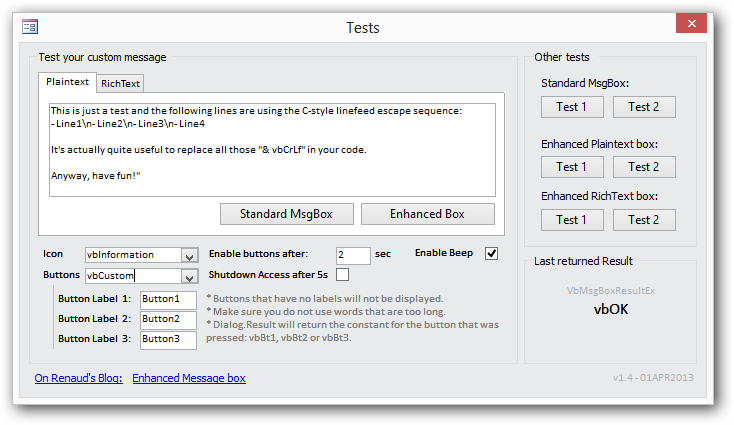 Screenshot of test application in sample database